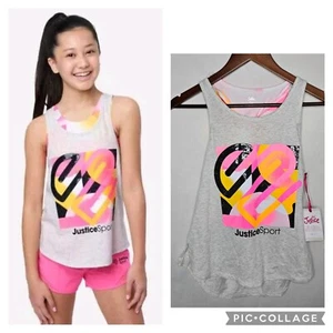 New Girls Justice Sport 2fer Tank Top Gray Pink Orange Graphic Logo Size L 12 14 - Picture 1 of 15