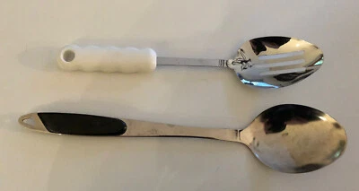 2 Lg Kitchen Cooking/Serving Spoons, One Chrome Slotted, Stainless Steel Solid - Image 1 of 4