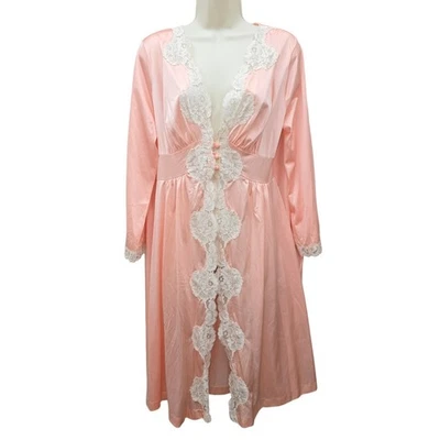 VTG Komar Baby Doll Nightgown Robe Peach Ivory Lace Long Sleeve Coquette Sexy  - image 1 of 4