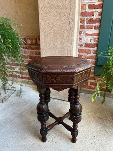 PETITE Antique French Octagon Center Side TABLE Renaissance Carved Oak c1890 - Picture 1 of 20
