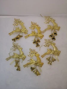 6 Reindeer Stag Christmas Tree Hanging Decorations Ornaments Gold Bows Bells - Picture 1 of 10