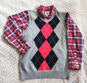 Dressy Vest Shirt Boy Size 7 8 Plaid Argyle 100%Cotton 2pc Set Lot School Church - Picture 1 of 12