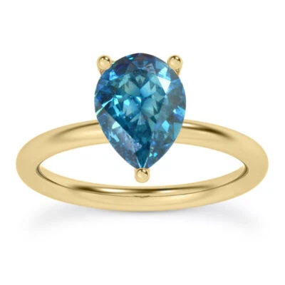 Pear Shape Diamond Solitaire Ring Blue Color Treated 14K Yellow Gold 1.04 Carat - Image 1 of 4