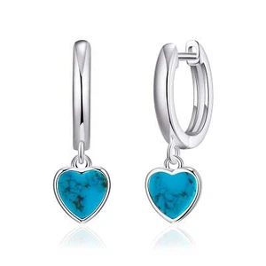 Synthetic Turquoise Gemstone Heart Charm Hoop Earrings - Picture 1 of 6