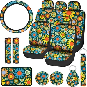 17 Pcs Hippie Flower Car Seat Cover Set Universal Accessories Colorful Art Flora - Picture 1 of 7