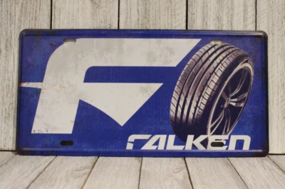 Falken Tires Tin Sign Metal License Plate Mechanic Auto Tyres Shop Rustic   - Image 1 of 4