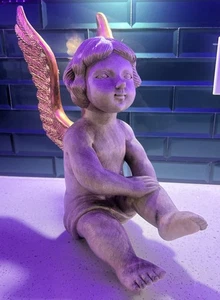 Raro SANTOS (?) Statua angelo cherubino scultura in legno intagliato a mano ali GRANDI - Foto 1 di 21