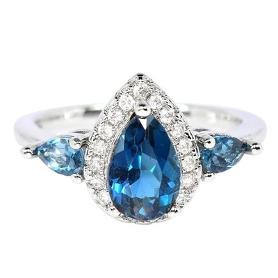 GENUINE AAA LONDON BLUE TOPAZ & WHITE CZ STERLING 925 SILVER RING SIZE 8 - Image 1 of 4