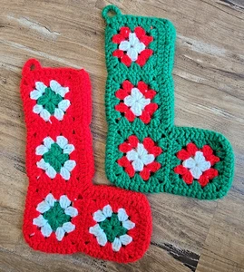 2 Vintage 70’s Granny Square Christmas Stockings Crochet Cottagecore Boho - Picture 1 of 3