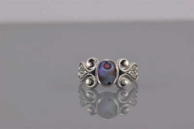 Anel de prata esterlina oval Abalone esculpido em redemoinho pulseira de flores 925 tamanho: 7 - Imagem 1 de 4