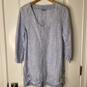 Et’ Lois Made In USA Leinenmischung Blau V-Ausschnitt Tunika Oberteil 3/4 Arm - Bild 1 von 10
