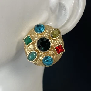 Byzantinische Ohrringe matt goldfarben rund Strass Gripoix Stil mehrfarbig - Bild 1 von 8