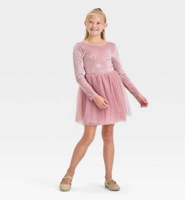 Girl's Long Sleeve Star Velour Tulle Dress Cat & Jack Dusty Pink XXL 16-18 Plus - Image 1 of 4