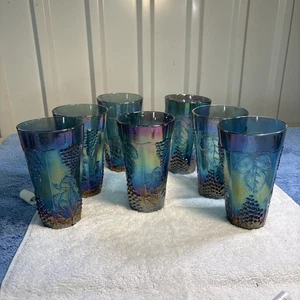 Indiana Blue Carnival Glass - Harvest Grape Tumbler Glass, Set of 7 - Picture 1 of 3