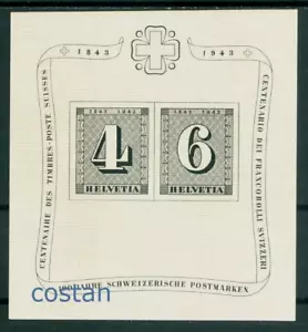 1943 Centenary of Swiss Stamps/Zurich cantonal stamps,Switzerland,Bl.8,MNH - Picture 1 of 2
