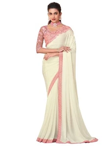 Women's Embroidery Lace & Sequence Georgette Saree With Unstitched Blouse Piece - Picture 1 of 7