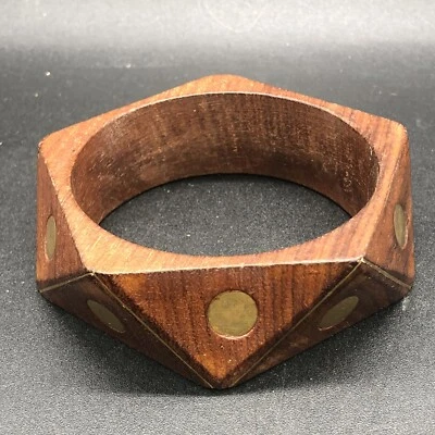 Vintage Natural Wood Brass Geometric Bangle Bracelet Chunky Boho Hippy - Image 1 of 4
