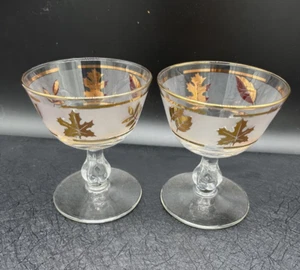 TWO Libbey GOLDEN FOLIAGE Sherbet Champagne Coupe Glass Stem 3003 Mad Men MCM - Picture 1 of 15
