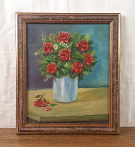 Rosas rojas en florero, pintura al óleo vintage de bodegón, arte de pared floral rústico - Imagen 1 de 10