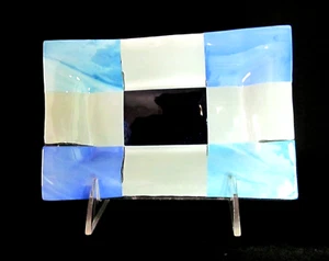Fused Art Glass Candy/ Trinket Tray 6 3/4" x 4 1/2" Mdina Glass Blues/ White - Picture 1 of 4