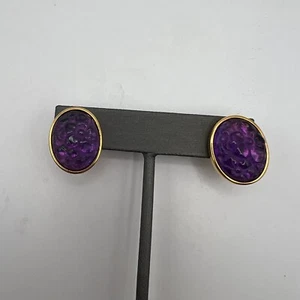 Vintage Pierced Earrings Purple Bubble Stone Gold Tone - Picture 1 of 7