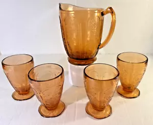 Depression Glass Pitcher and Four Matching Juice/Water Glasses, Possibly Jeanett - Picture 1 of 24