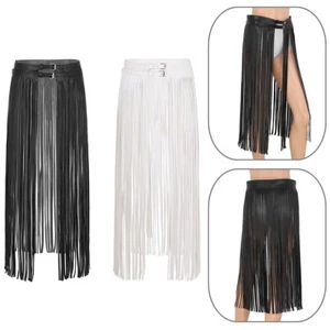 Women Ladies Gothic Faux Leather Long Fringe Tassel Skirt Belt Adjustable Buckle - Picture 1 of 40