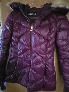 Guess Hooded Maroon Jacket With Removable Fur Hood Size Extra Small - Picture 1 of 21