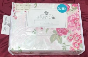Shabby Chic by Rachel Ashwell 6pc White Pink Green Floral Roses QUEEN Sheet Set - Picture 1 of 2