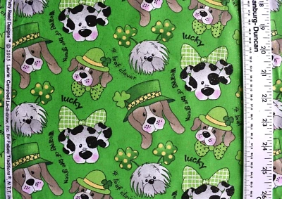 SHAMROCKS PUPS GOLD GLITTER ON GREEN  100% COTTON FABRIC  35X43 INCHES - Image 1 of 2