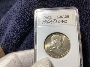 1961 D FRANKLIN HALF $ UNCIRCULATED TONING in BCW SLAB - Bild 1 von 5