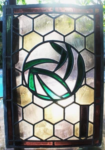 Vintage Antique Unique Stained Leaded Glass Hanging Window 13"x9" Green Yellow - Picture 1 of 5