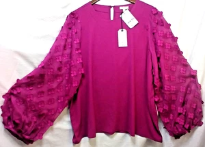 Cotton Bleu Paisley Grace Magenta Top XL Sheer 3D Floral Puff Sleeve NWT NALCN - Picture 1 of 13