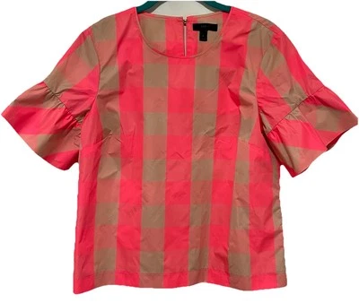 J Crew Pink Neon Buffalo Check Ruffle Sleeve Blouse Cottagecore Preppy Chic Sz 4 - Image 1 of 4