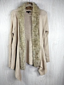 Signature Studio XL Tan Faux Fur Collar Cardigan Open Front Cozy Chic - Picture 1 of 6