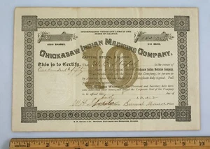 Certificado de stock vintage de Chickasaw Indian Medicine Co. de 1892 - Imagen 1 de 4