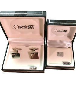 NIB Colibri Silver Tone Diamond Tie Pin & Cuff Links In Gift Box - Very Nice!
