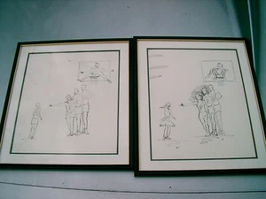 Unknown artist: basketball 2 Original Ink Drawings, framed & matted 17.5" x 14.5 - Picture 1 of 6