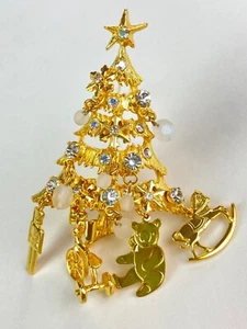 KIRKS FOLLY RARE Gold Tone Christmas Tree Pin Brooch Teddy Bear, Trike, Soldier - Picture 1 of 12
