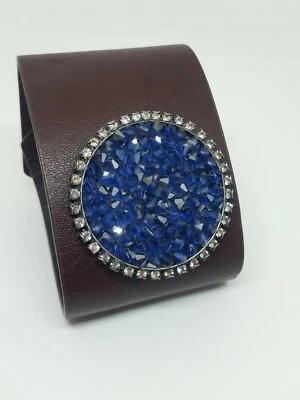 Liz Palacios 棕色皮革簇水晶宽手链  — 第 1/4 张图片