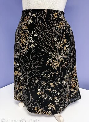 Ann Taylor Ladies Vtg Y2K Silk Black/Br Botanical Leaf Print Side Zip Skirt Lg - Image 1 of 4
