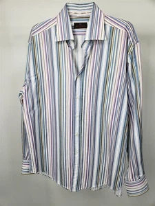 ETRO White Blue Aqua Gold Navy Stripe Cotton Button Down Shirt IT 43 US L - Imagen 1 de 4