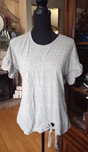 Alison Andrews Women's L Tie Front Tee Blouse Lace Sleeves Olive Gray - Picture 1 of 9