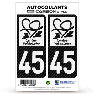 2 Autocollants immatriculation 45 Centre-Val de Loire - LT bi-ton Carbone-Style - Picture 1 of 9