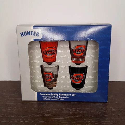 NEW Hunter NCAA Oklahoma State Premium Quality Drinkware Shot Glass  4 pc Set Cover