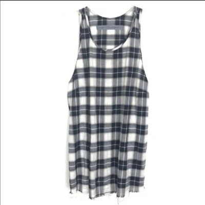 Raquel Allegra SZ L/3 Black Plaid Sleeveless Raw Fringe Hem Tank Top Blouse 1761 - Image 1 of 4