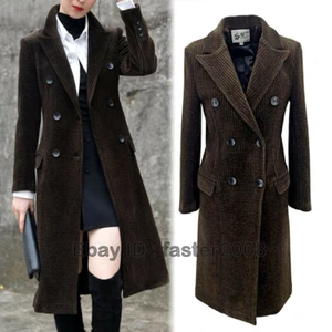 Damen Cord Reverskragen Zweireiher Mittellang Retro Slim Trenchcoat - Bild 1 von 12