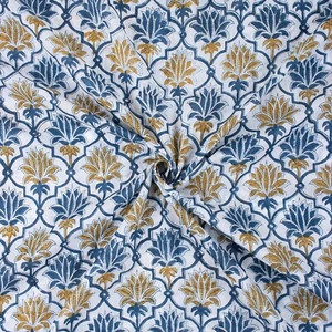Yellow Blue Hand Block Floral Print Loose Vintage Bohemian Kaftan Fabric By Yard - Picture 1 of 5