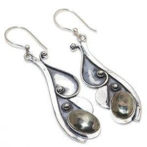 Golden Pyrite Gemstone Silver Plated Earrings Jewelry 2" Gift For Love - Picture 1 of 1
