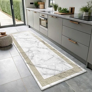 White Marble Runner Rug, Greek Key Border, Gold Striped Rug, Grecian Pattern Rug - Picture 1 of 4